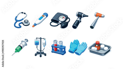 Collection of medical equipment icons for healthcare and diagnostics