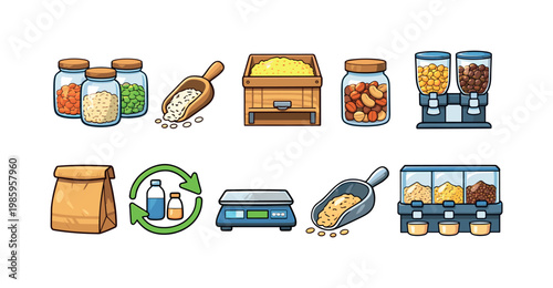 Zero waste grocery shopping icons for bulk food and sustainable living
