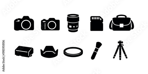 Collection of simple black icons representing essential camera gear and accessories