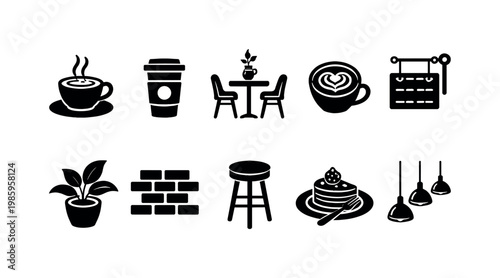 Collection of simple black icons representing coffee shop elements and decor