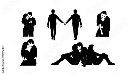 Tender romantic couple silhouette vector set in intimate poses on white background
