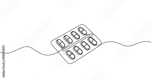 Continuous line drawing of medicine blister pack with black wire detail. No editable stroke