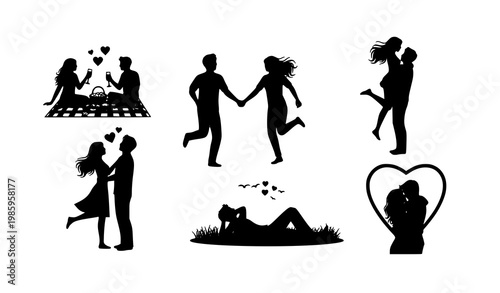 Romantic couple silhouettes vector collection in dynamic love poses on white background