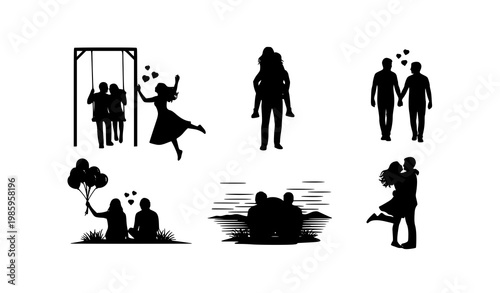 Playful romantic couple silhouette vector set in joyful poses isolated on white background