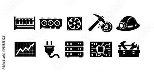 Collection of icons representing cryptocurrency mining and related technology concepts