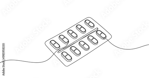 Continuous line drawing of a medication blister pack with pills. No editable stroke