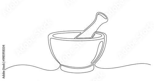 Minimalist black and white line art of a mortar and pestle. No editable stroke