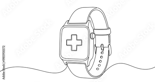 Minimalist line art of smartwatch with health icon on screen. No editable stroke