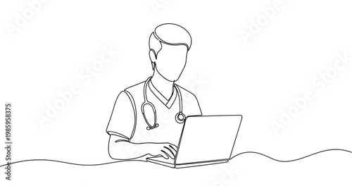 Line art of male doctor using laptop with stethoscope. No editable stroke