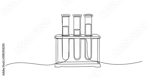 Continuous line drawing of laboratory test tubes in a rack. no editable stroke