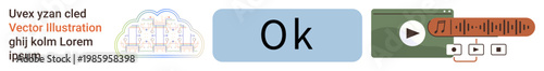 Cloud technology, multimedia control, user interfaces, data visualization, digital tools, and storage. Diagram of cloud design, button reading OK and media player bar. Cloud technology