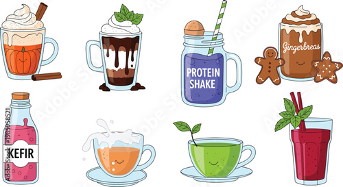 Cute Drinks and Healthy Beverages Icon Set with Hot Chocolate, Mint Mocha, Protein Shake, Gingerbread Latte, Kefir, Herbal Tea, Matcha, and Berry Smoothie for Cafe Designs