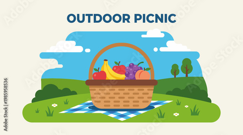 Picnic basket with fresh fruit outdoors.