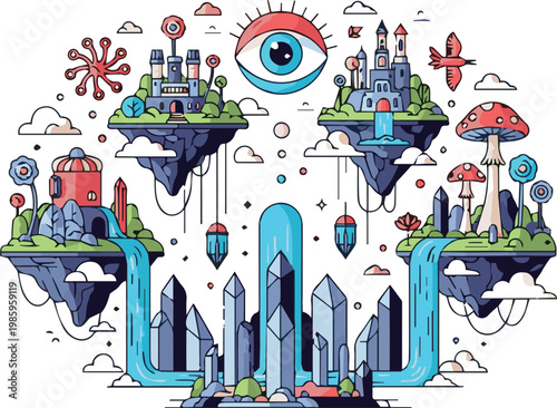 A surreal landscape featuring floating islands, castles, and a giant eye in the sky with clouds and crystals.