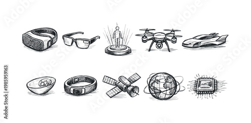 Collection of futuristic technology icons hand-drawn in a sketch style