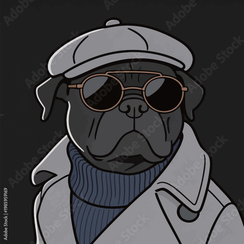 Stylish Bulldog in Trench Coat and Hat