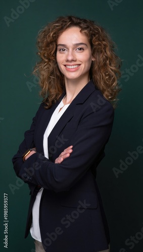 Confident professional woman bank employee in black blazer standing with arms crossed against green background with copy space.