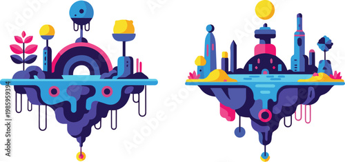 Vibrant floating cityscape with abstract architecture and futuristic elements on a minimal background