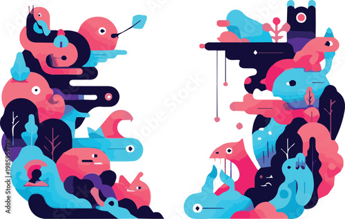 Vibrant illustration of fantastical creatures interacting with industrial elements in a whimsical landscape.