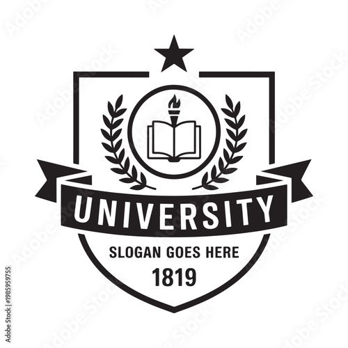Foto Black and white university crest with open book laurel branches and star