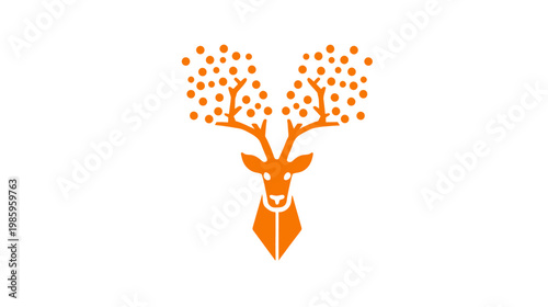 Abstract deer icon with tree like antlers orange graphic design on white