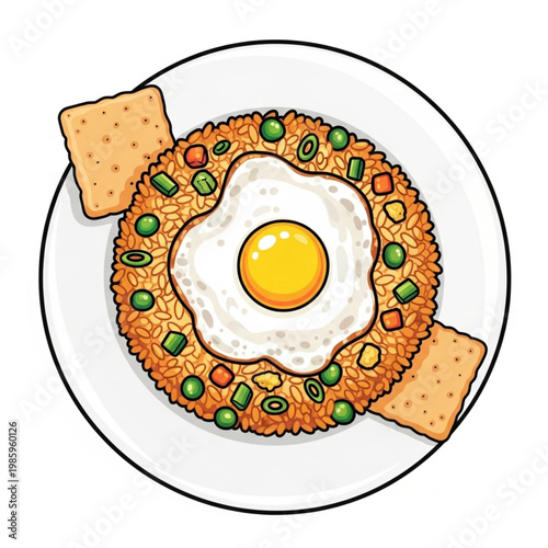 A healthy morning meal of fried eggs with golden yolk, crispy bacon, and toasted bread served on a white plate with a hot cup of coffee