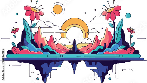 Vibrant rainbow appears over surreal landscape with flowers and mountains