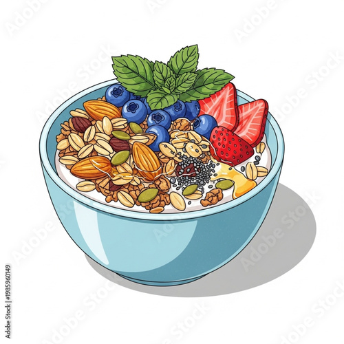 A delicious breakfast bowl of fresh muesli and healthy cereal topped with red strawberries and sweet berries served with milk and yogurt for a nutritious morning meal isolated on white