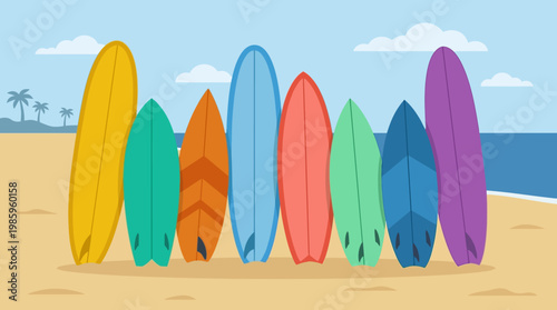 Colorful surfboards on sandy beach.