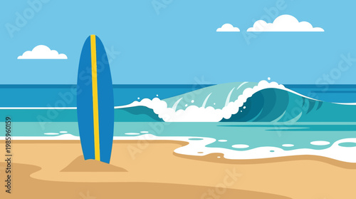 Blue surfboard on sandy beach shore.