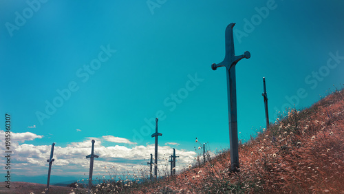Didgori, touristic place, battle memorial monument with giant steel metal swords, Georgia