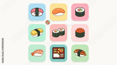 Variety of sushi rolls and pieces.