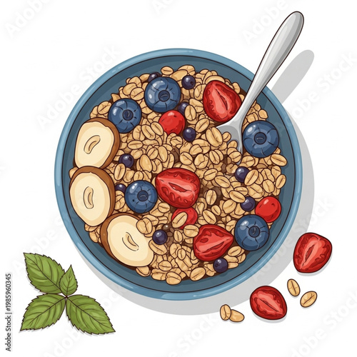 A bowl of healthy granola muesli with milk and fresh red strawberry berries is surrounded by sweet chocolate easter eggs and crunchy nuts on an isolated white background for a nutritious breakfast mea