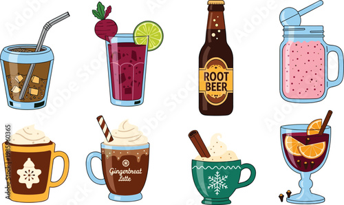 Drinks and Beverages Icon Set with Iced Drink, Beet Juice, Root Beer, Smoothie, Hot Chocolate, Coffee, and Mulled Wine Elements for Restaurant, Menu, and Bar Designs