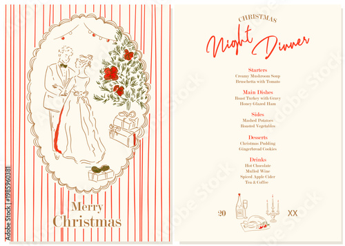 Elegant Christmas dinner menu with vintage style illustration, festive typography and classic holiday food list. Suitable for restaurant menu, event design, celebration and seasonal print.