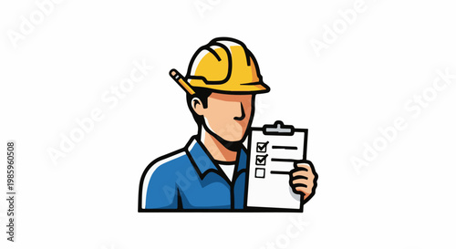 Construction worker in hard hat holding checklist, pencil behind ear