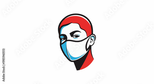 Stylized portrait of a person wearing a face mask with red and blue accents