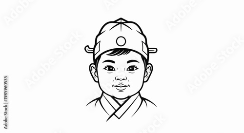 Line drawing of a child in traditional headdress and clothing