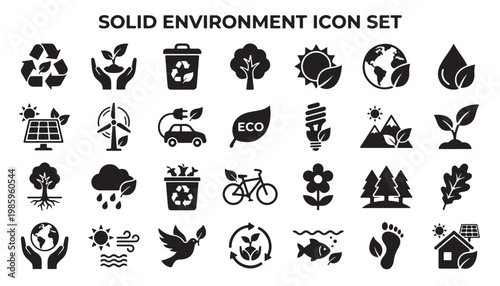 Black environment symbols showing recycling nature protection and renewable energy icons. Vector collection for ecology awareness and earth sustainability.