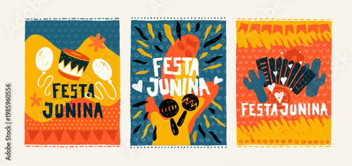 Festa Junina carnival flyers with crayon icons of summer festival in frames. Music party posters with accordion, guitar, bonfire, drum and lantern drawn with bright chalk texture, vector illustration
