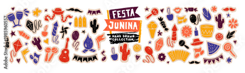 Festa Junina carnival seamless pattern. Music party icon set with accordion, guitar, bonfire, drum and lantern drawn with bright chalk crayon texture, vector illustration