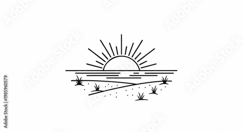 Minimalist line art depicts a sunrise over a calm body of water with sparse vegetation