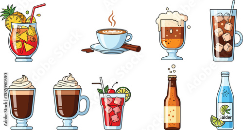 Drinks and Beverages Icon Set with Tropical Cocktail, Coffee, Beer, Iced Tea, Milkshake, Mojito, and Soda Bottle Elements for Restaurant, Menu, and Bar Designs