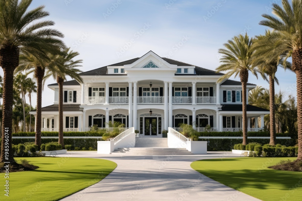 Fototapeta premium White mansion featuring columns, portico, manicured lawn, and tropical palm trees
