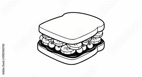 Black and white line drawing of a delicious banana and blueberry sandwich