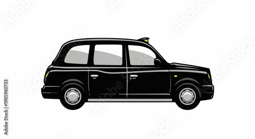 Black iconic city taxi with yellow light on roof, isolated