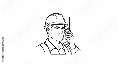 Construction worker in hard hat talks on a two-way radio