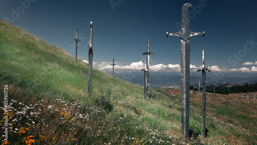 Didgori battle memorial swords monument with giant iron swords in the ground Georgia