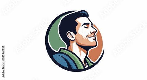 A stylized, close-up, profile portrait of a smiling young man in a circular emblem
