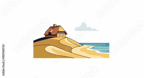 Cozy thatched cottage on sandy dunes beside the ocean waves